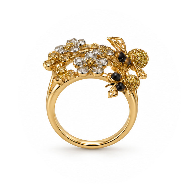 Diamond Floral Bee Yellow Gold Ring-Vintage