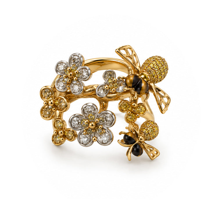 Diamond Floral Bee Yellow Gold Ring-Vintage