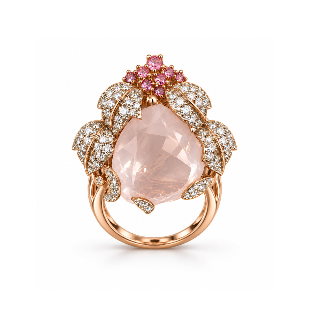Rose Quartz Floral Statement Ring in Rose Gold