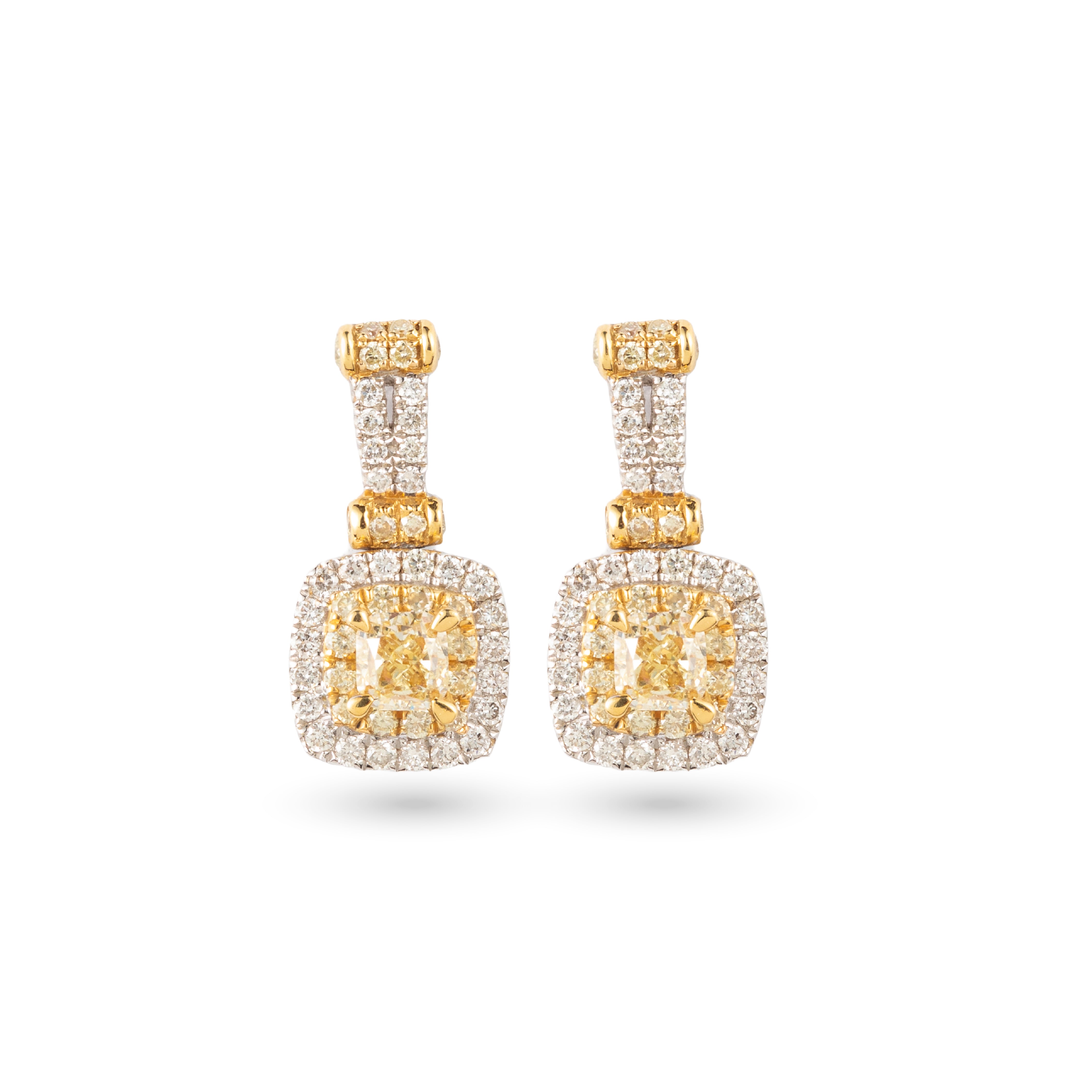 Yellow Diamond Cushion Halo Drop Earrings