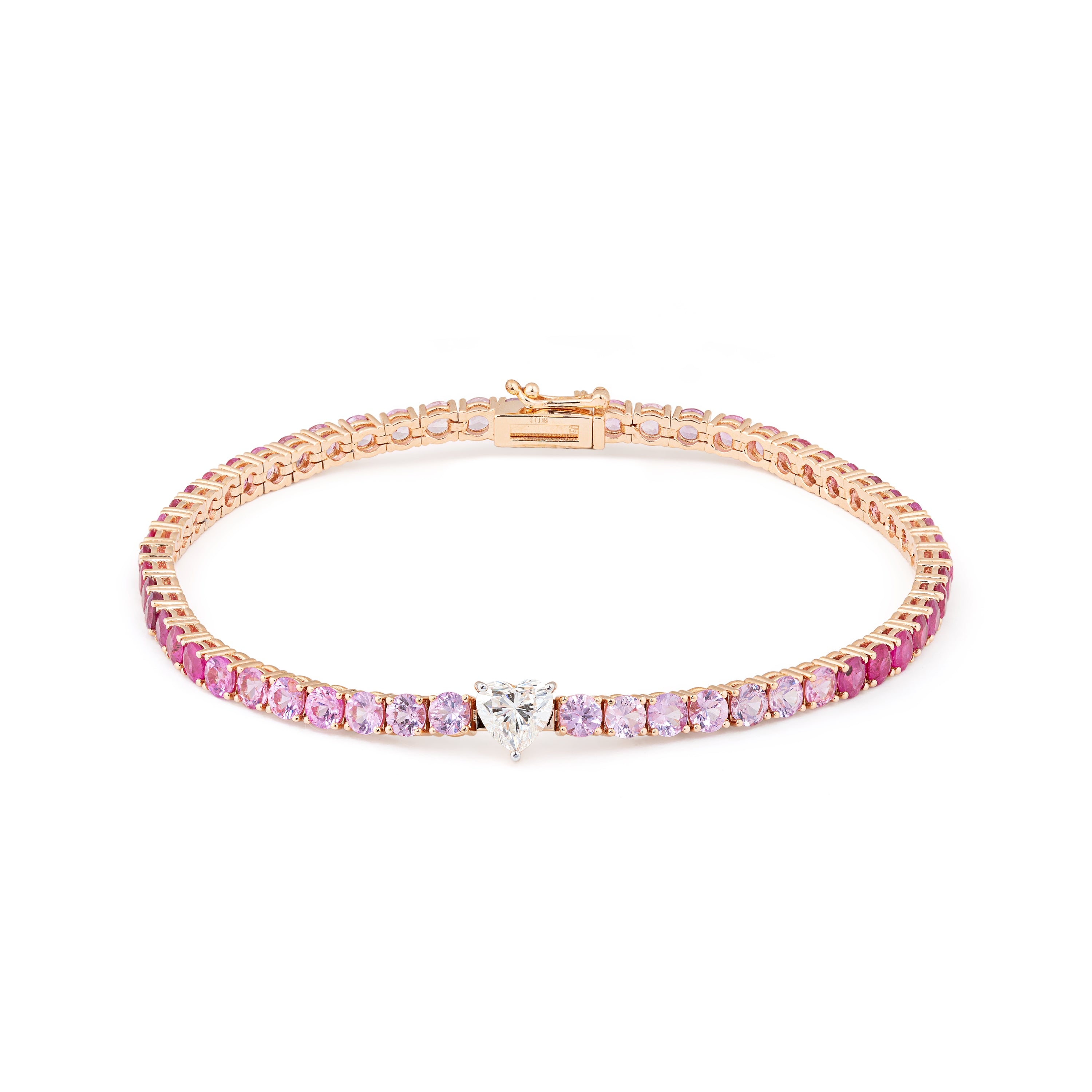 Pink Saphhire Tennis Bracelet with a Heart Diamond