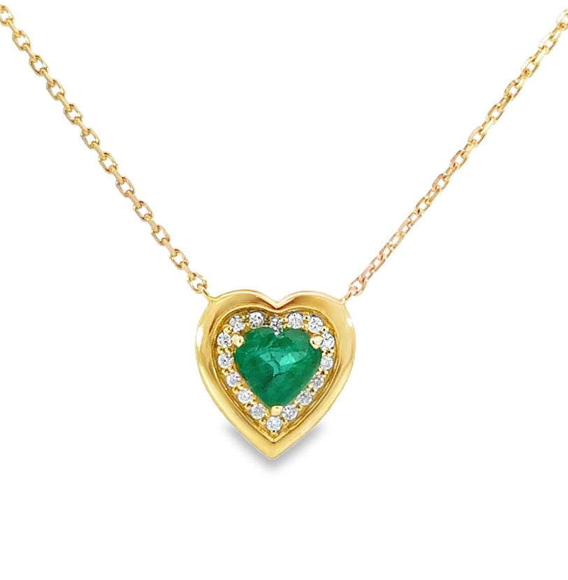 Heart Emerald & Diamond Halo Pendant Necklace