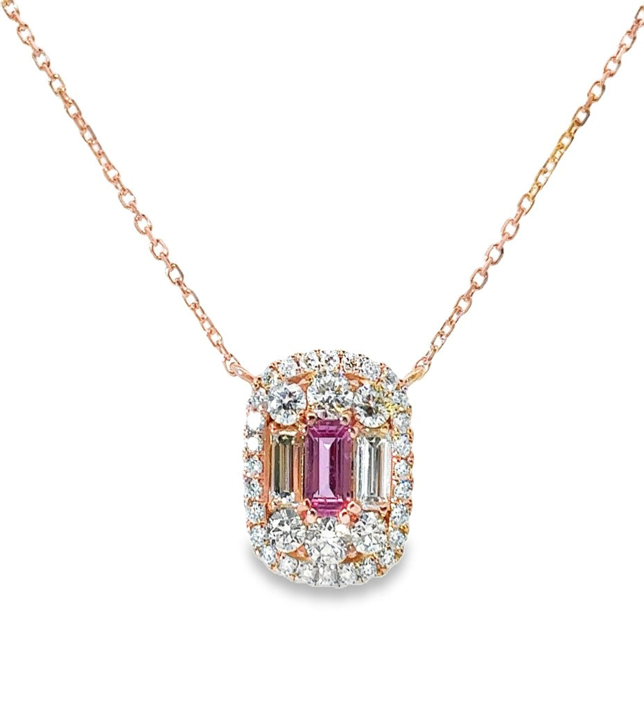 Pink Sapphire & Diamond Halo Pendant Necklace