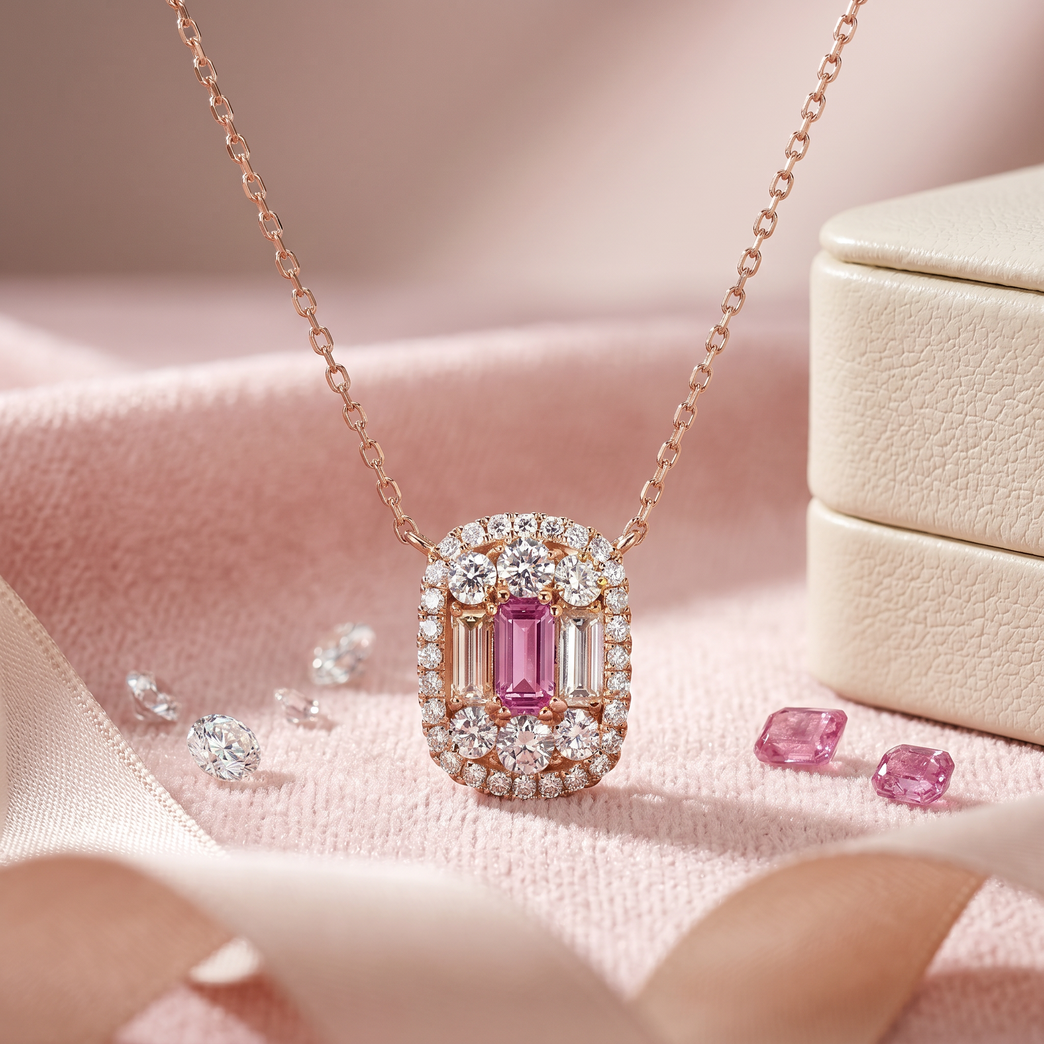 Pink Sapphire & Diamond Halo Pendant Necklace