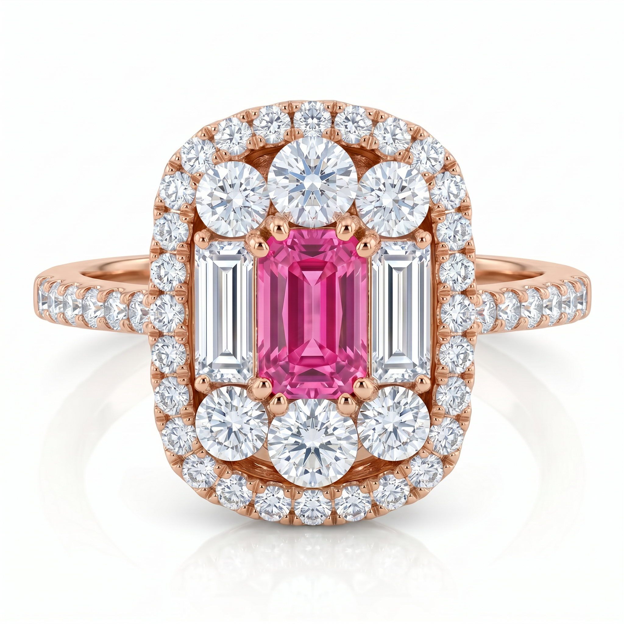 Pink Sapphire & Diamond Halo Cluster Ring
