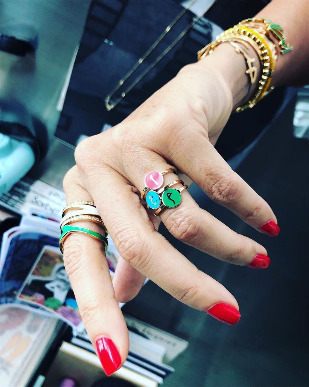 Bil Arabi Mina — Rose Gold Enamel Round Letter Ring - M.Fitaihi