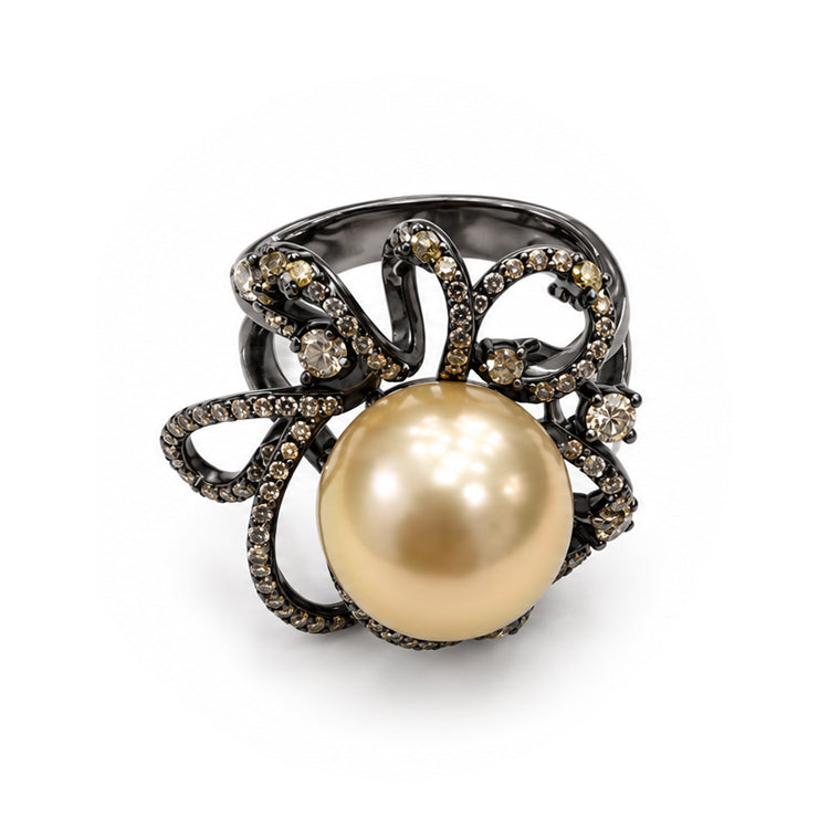 Golden Pearl Floral Statement Ring