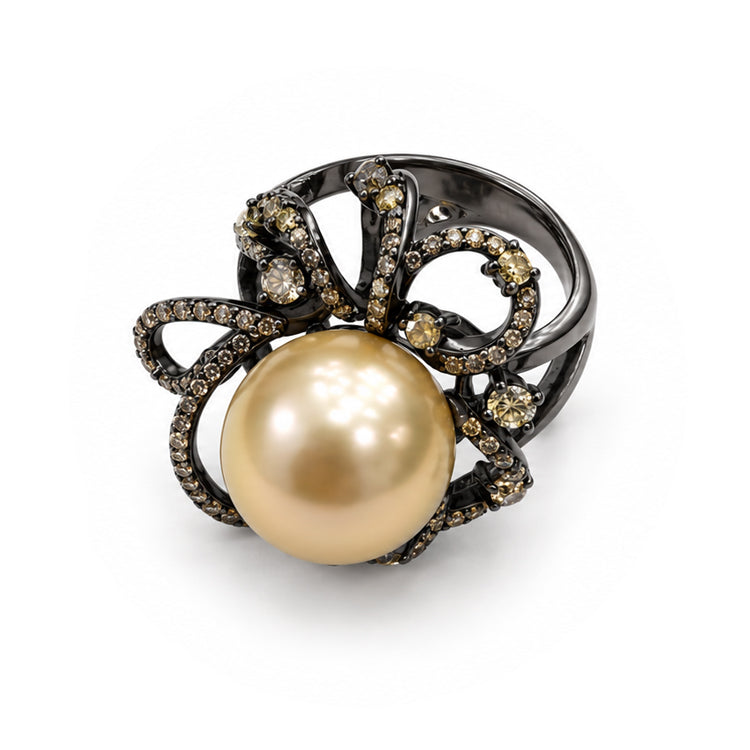Golden Pearl Floral Statement Ring