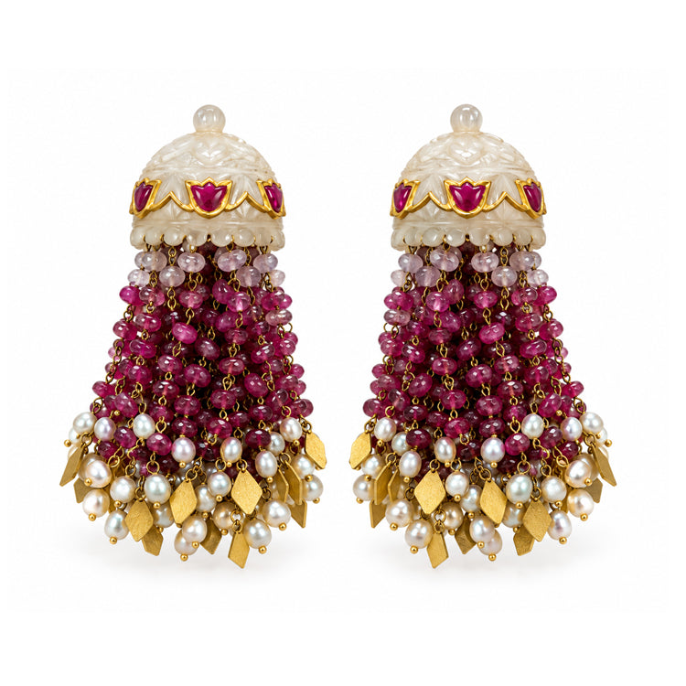 Ruby Beaded Pearl Tassel Earrings