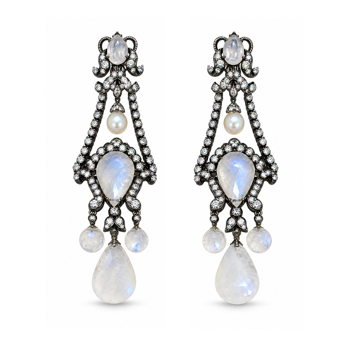 Moonstone and Pearl Chandelier Drop Earrings