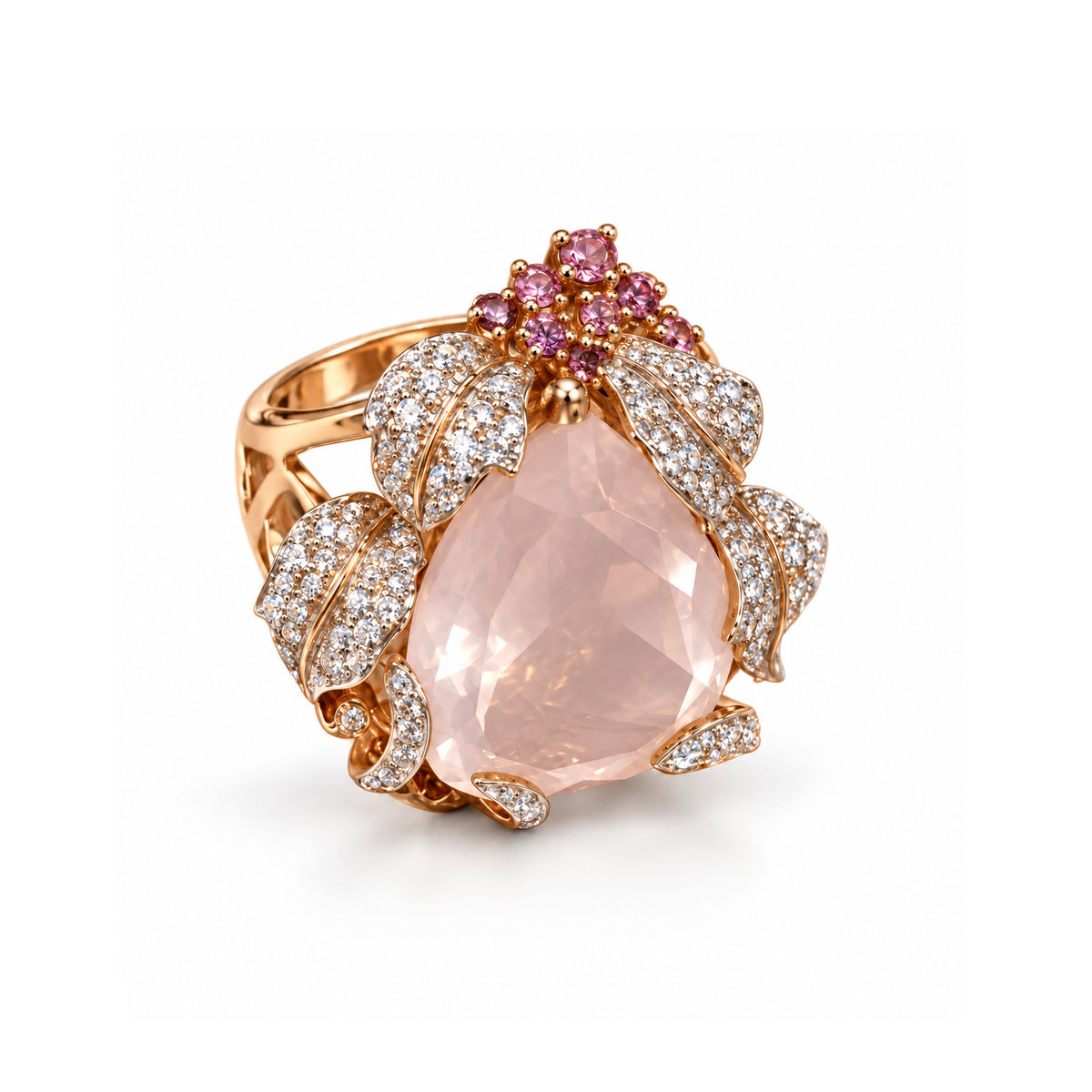 Rose Quartz Floral Statement Ring in Rose Gold