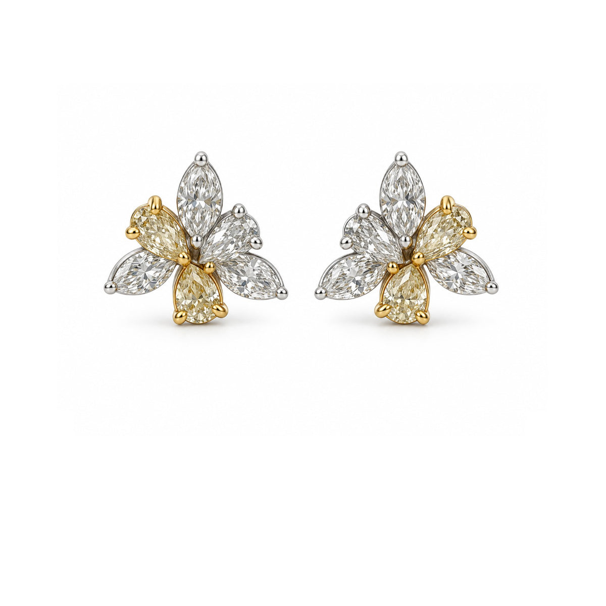 Yellow and White Diamond Floral Stud Earrings
