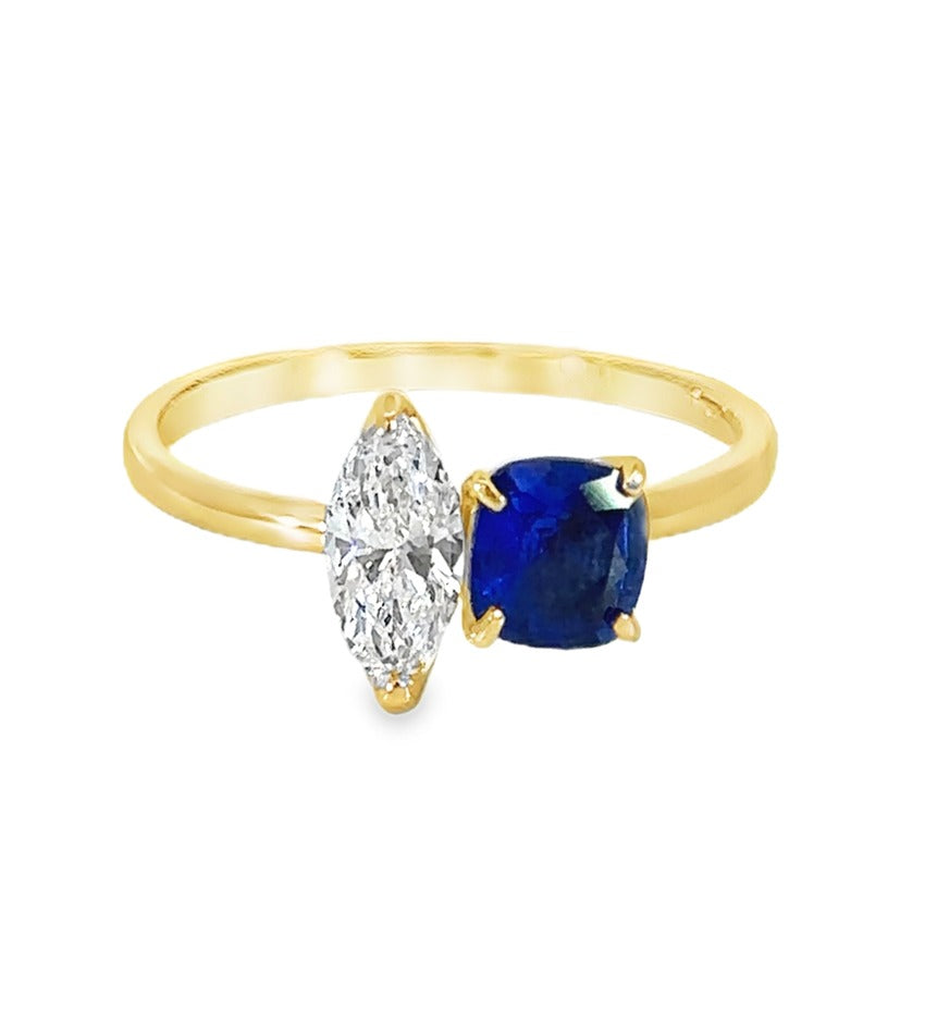 Blue Sapphire & Marquise Diamond Toi et Moi Ring