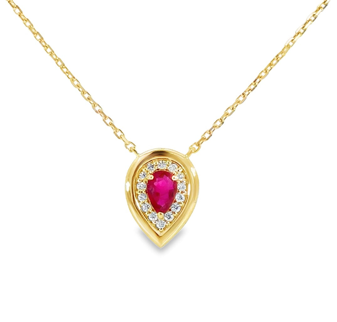 Pear Ruby & Diamond Halo Pendant Necklace