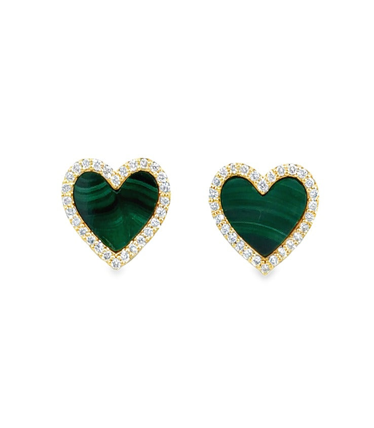 Malachite Diamond Heart Stud Earrings