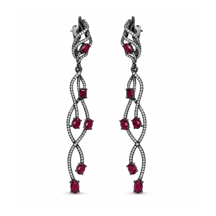 Ruby Red Stone & Crystal Swirl Drop Earrings