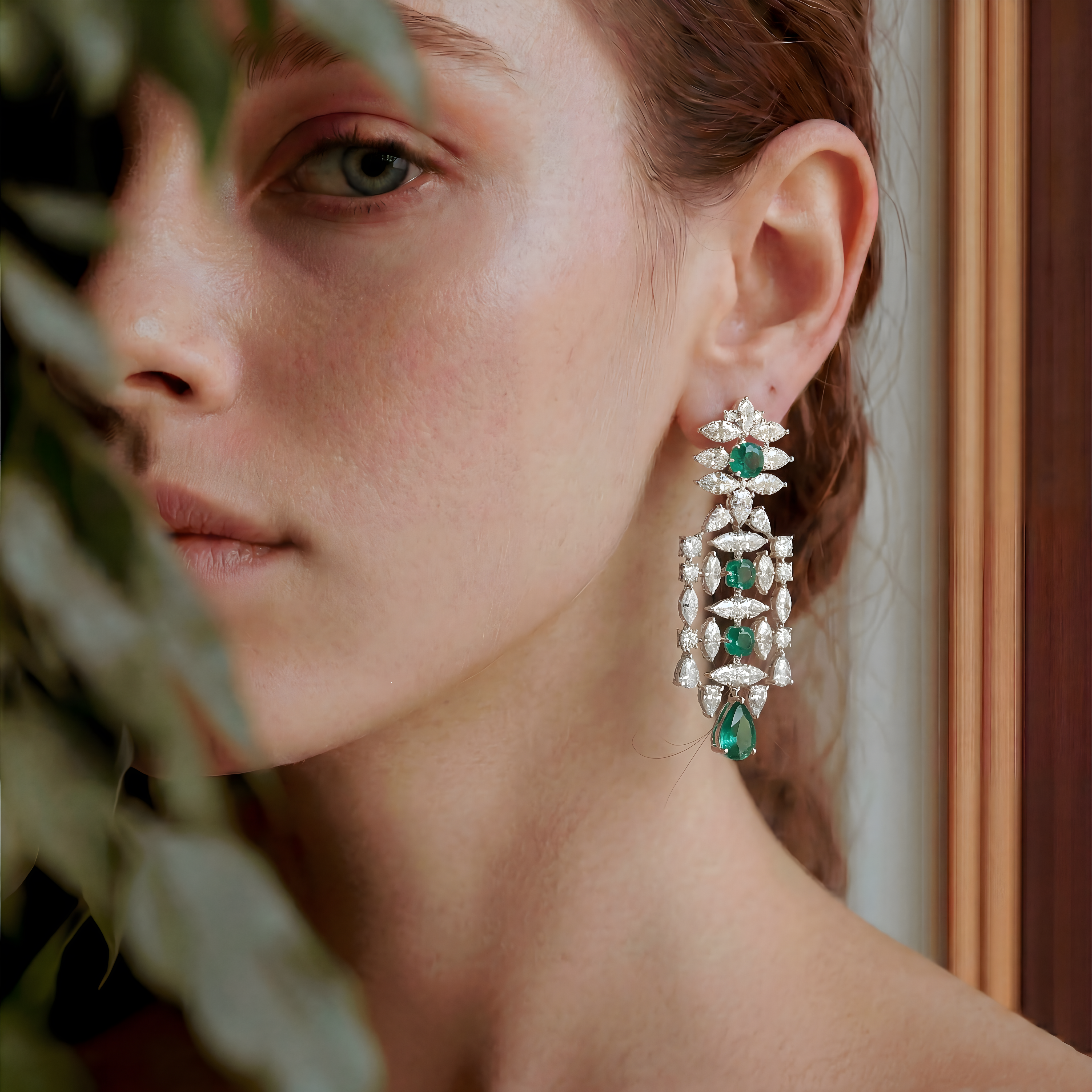 Moonstone, Emerald & Diamond Chandelier Earrings
