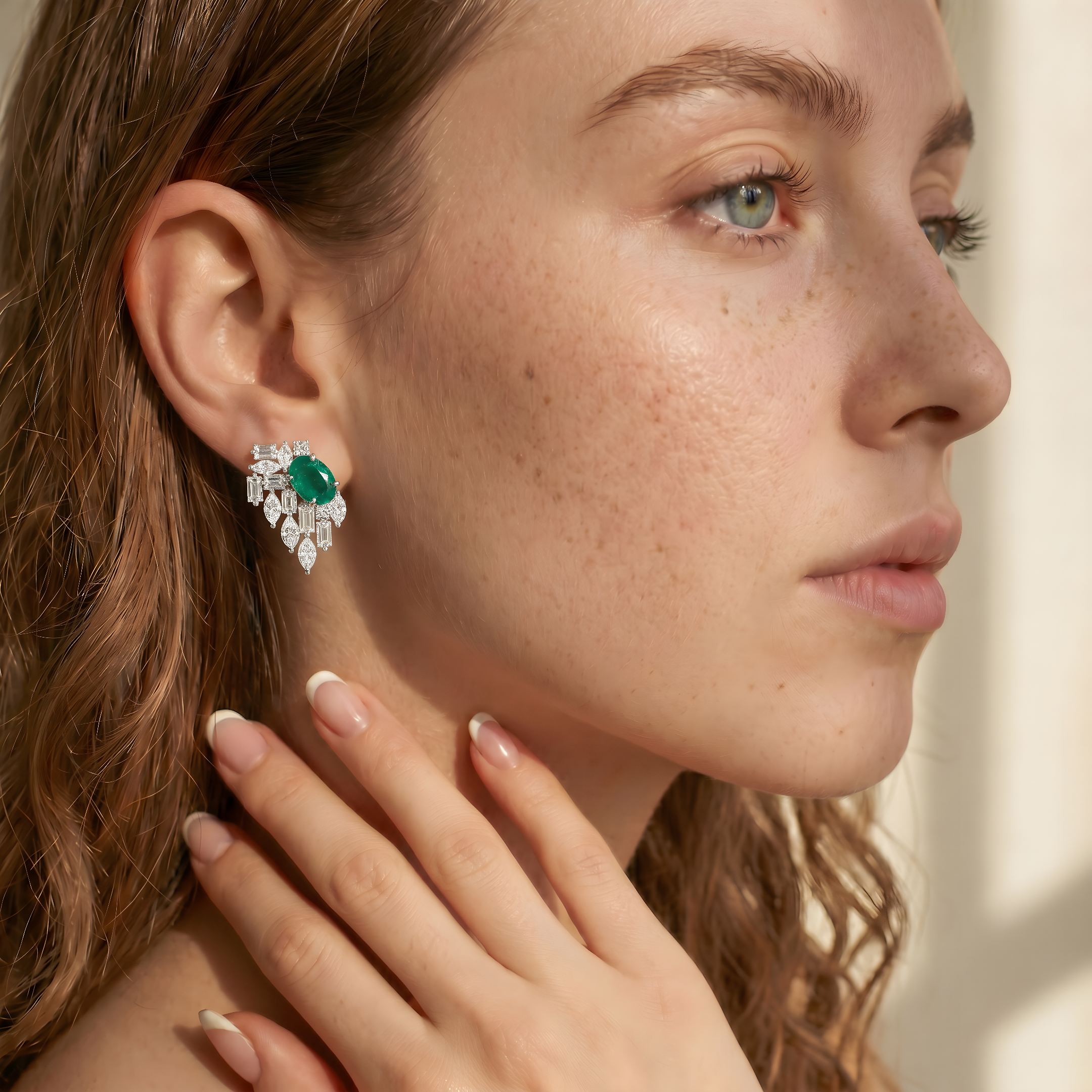 Oval Emerald & Diamond Cluster Earrings