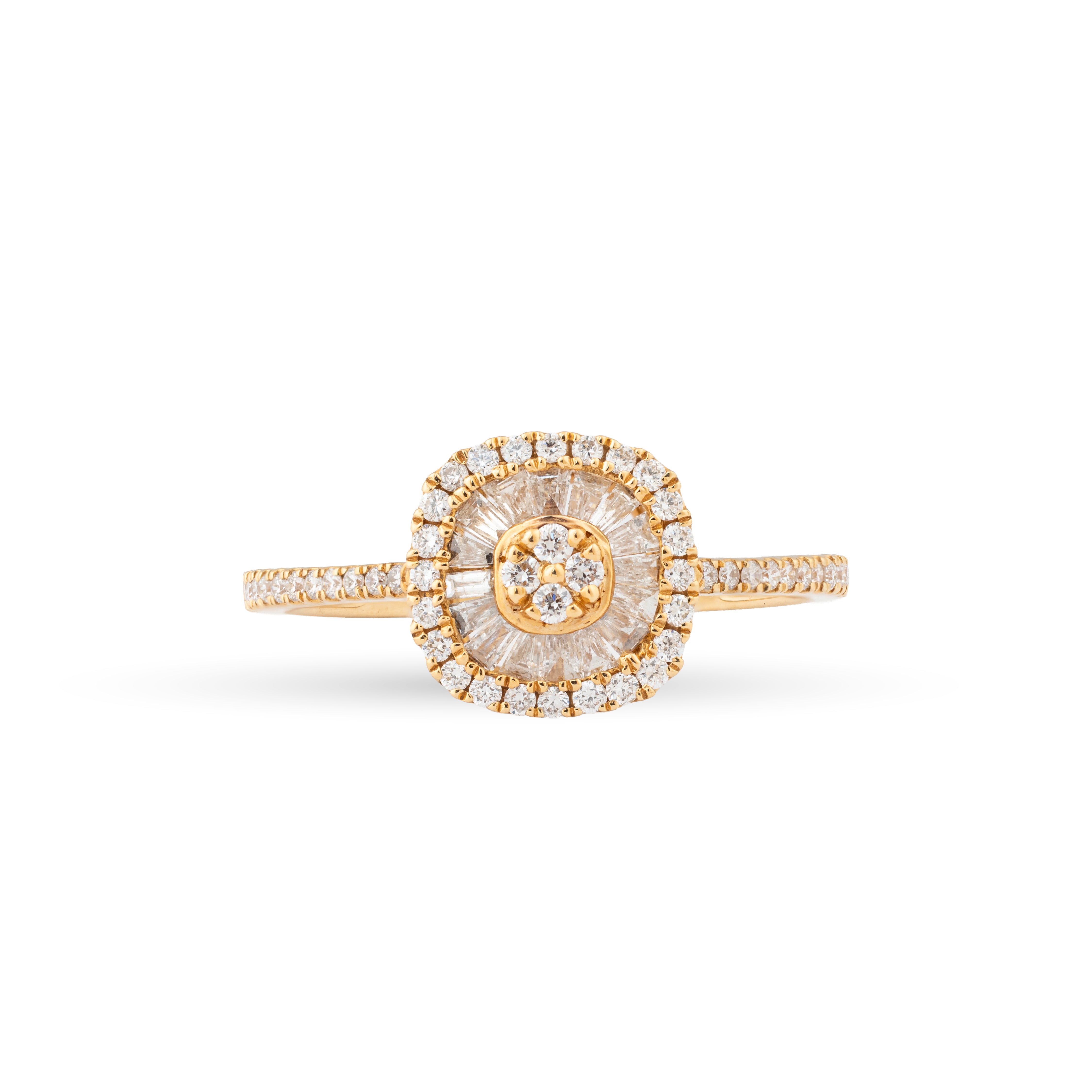 Yellow Gold Sunburst Diamond Ring with Double Halo & Pavé Band