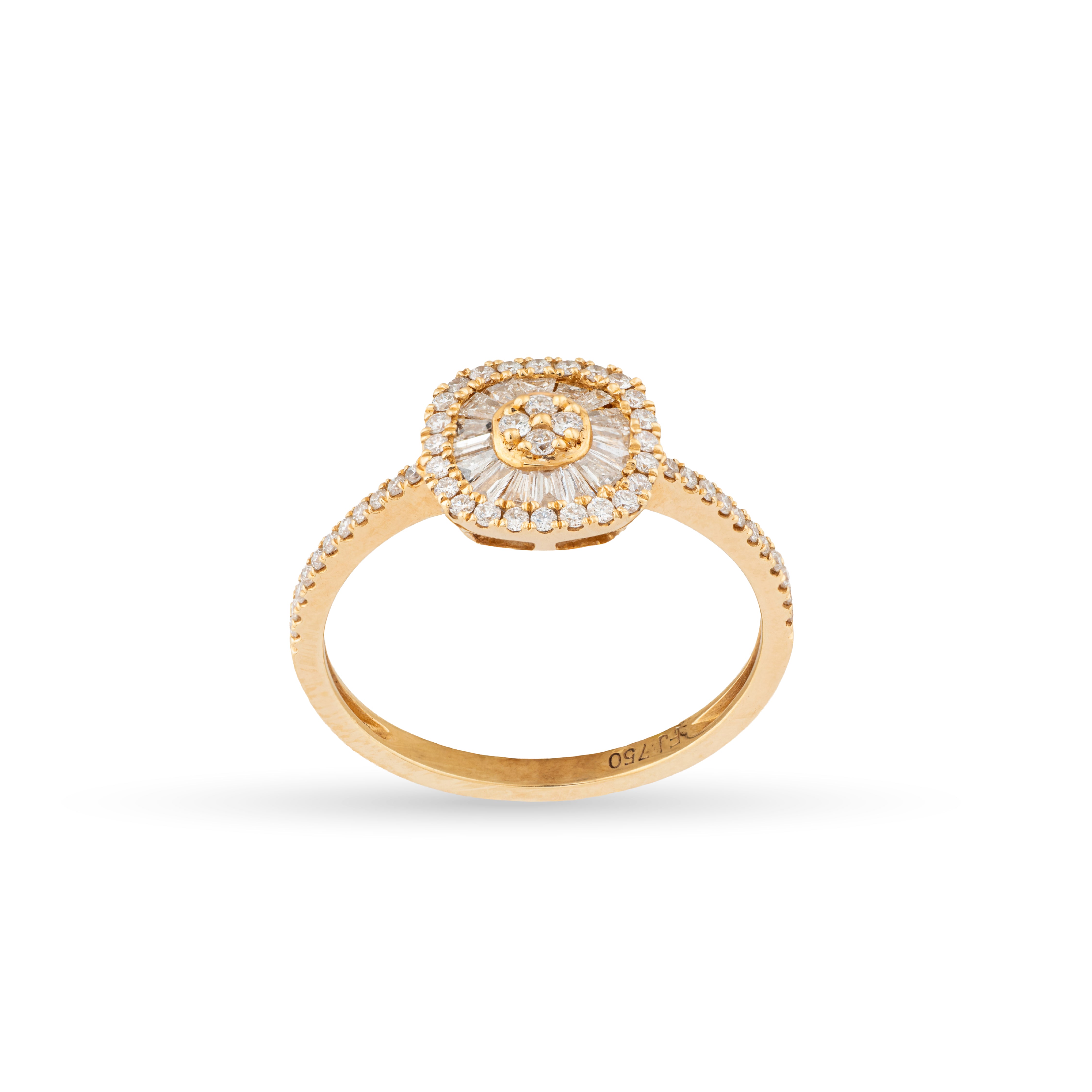 Yellow Gold Sunburst Diamond Ring with Double Halo & Pavé Band