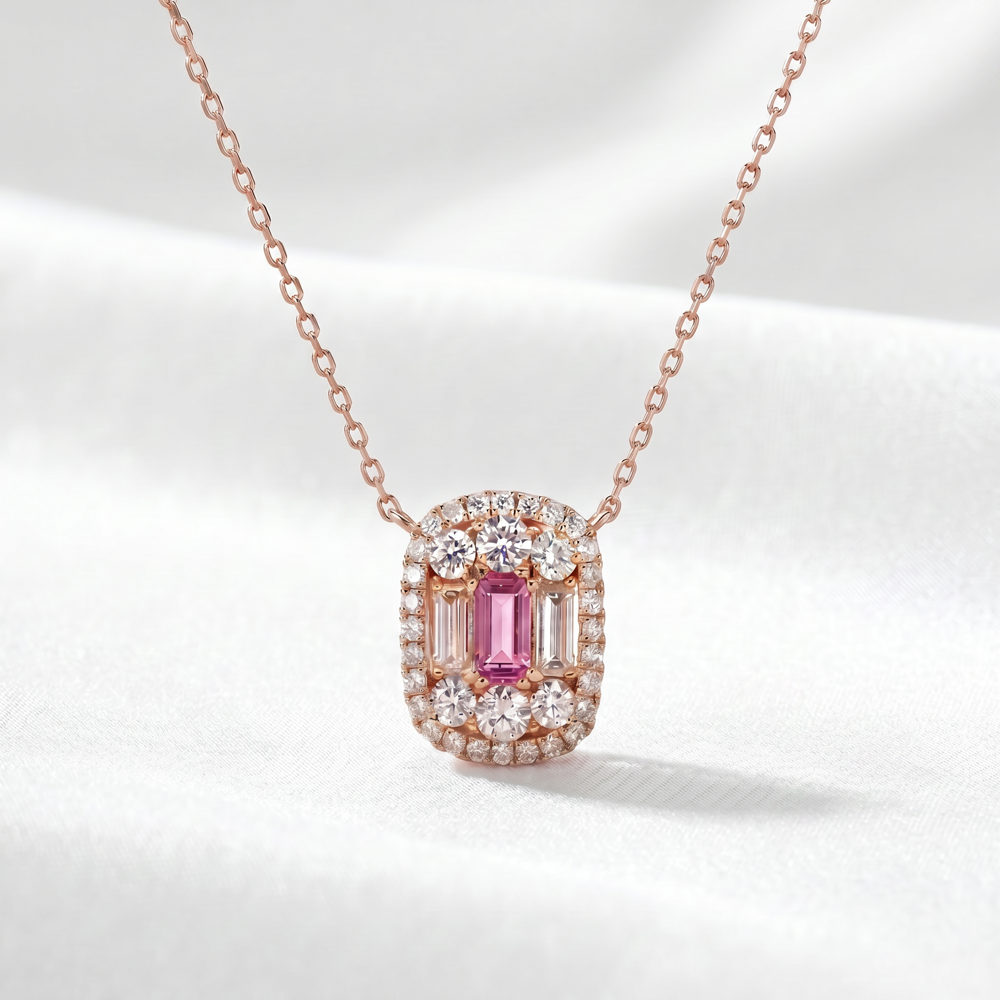 Pink Sapphire & Diamond Halo Pendant Necklace